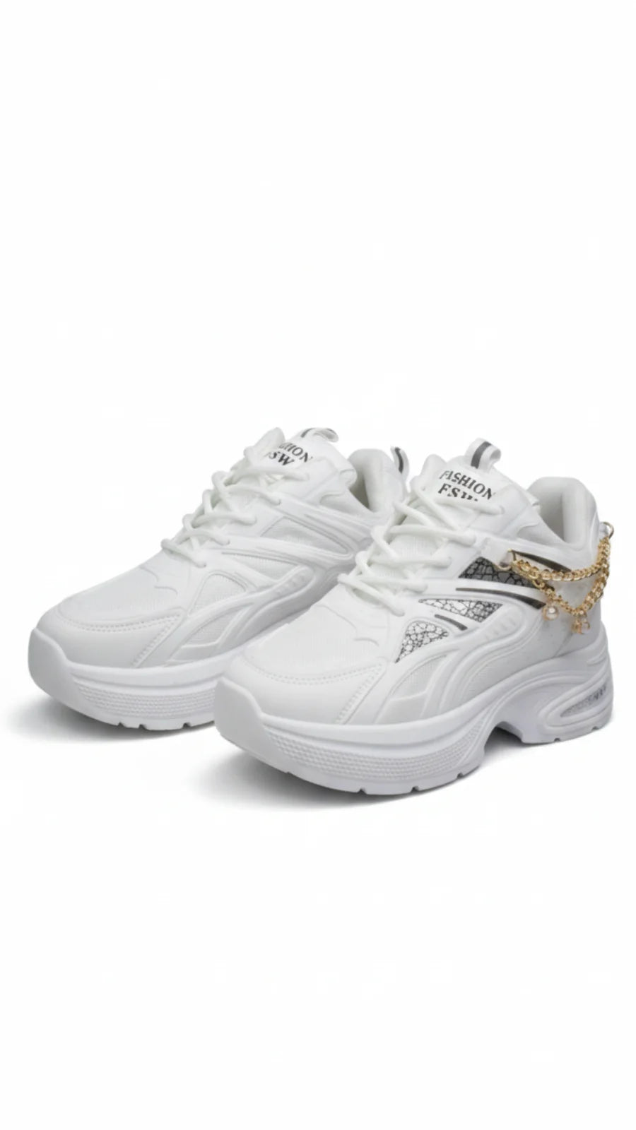 Premium White Chunky Sneakers for Women – Gold Chain