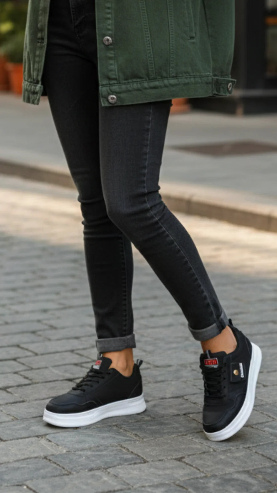 Premium Black Casual Sneakers for Women – Lightweight Comfort with White Sole