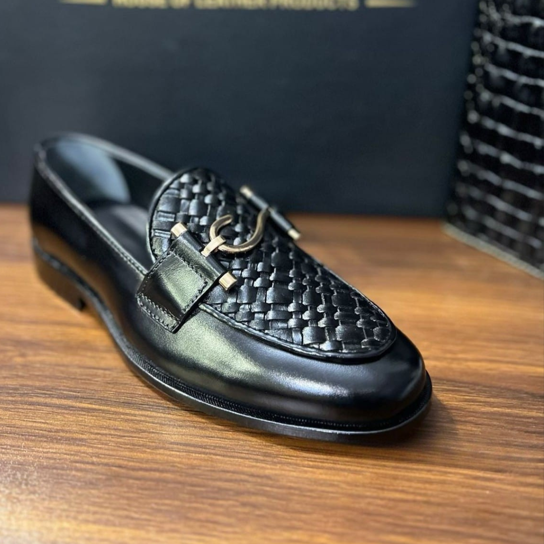 "Luxury Black Woven Leather Loafers with Gold Buckle – Modern Elegance"