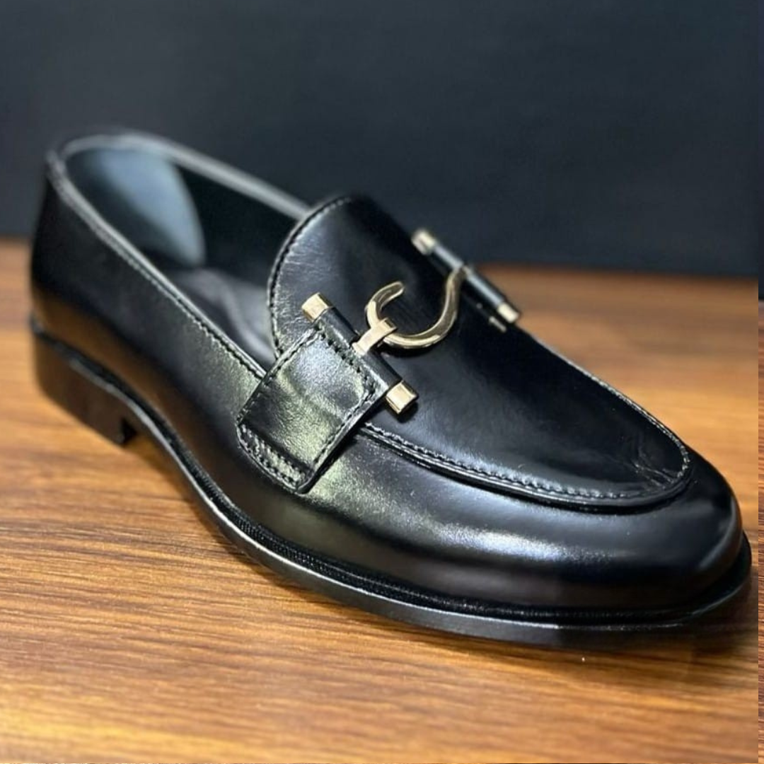 "Luxury Black Leather Loafers with Gold Buckle – Classic Elegance"