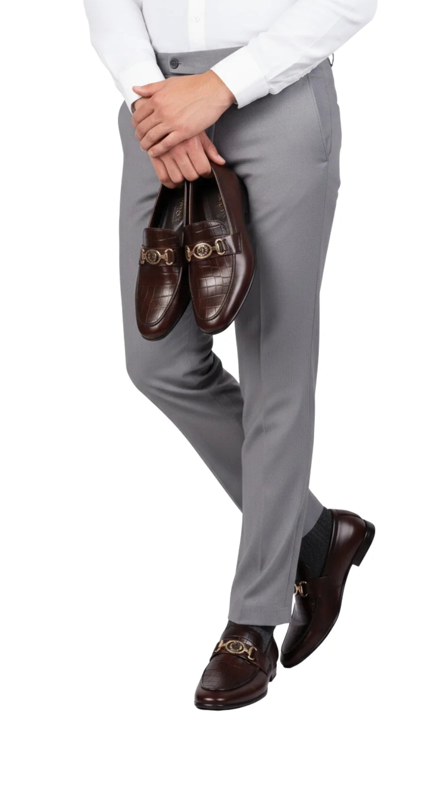 Brown Crocodile-Texture Leather Loafers 