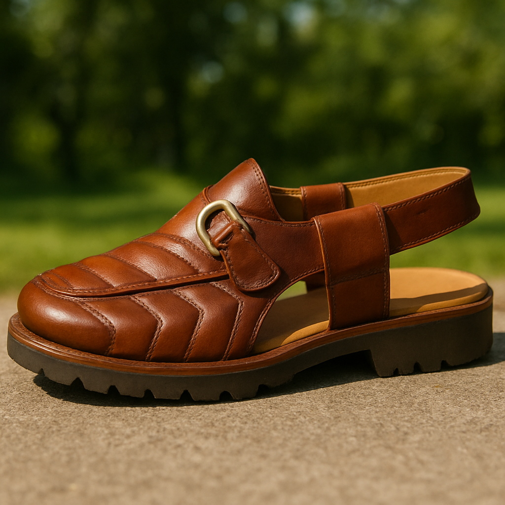 A stylish brown leather sandal with a quilted design on the front,