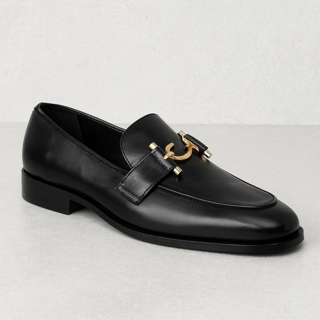 "Luxury Black Leather Loafers with Gold Buckle – Classic Elegance"