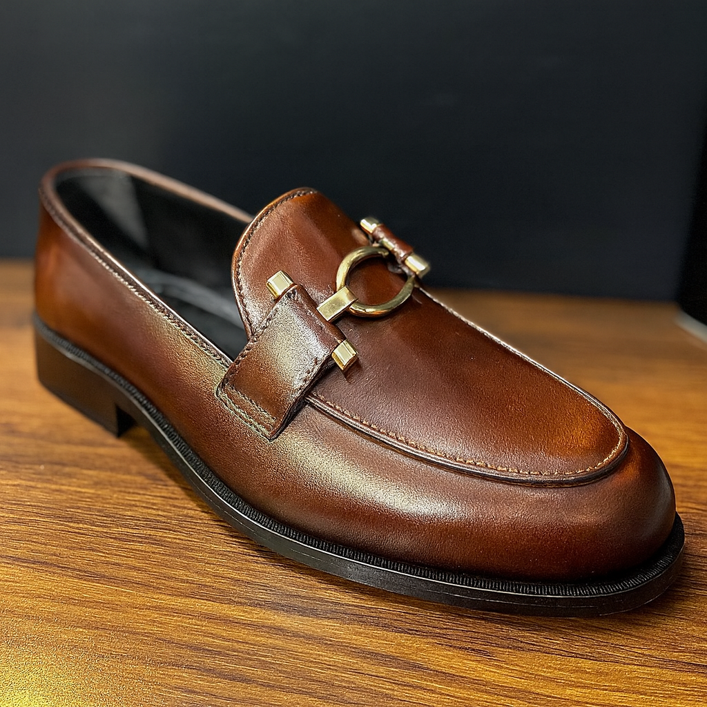 "Luxury Brown Leather Loafers with Gold Horsebit Buckle"