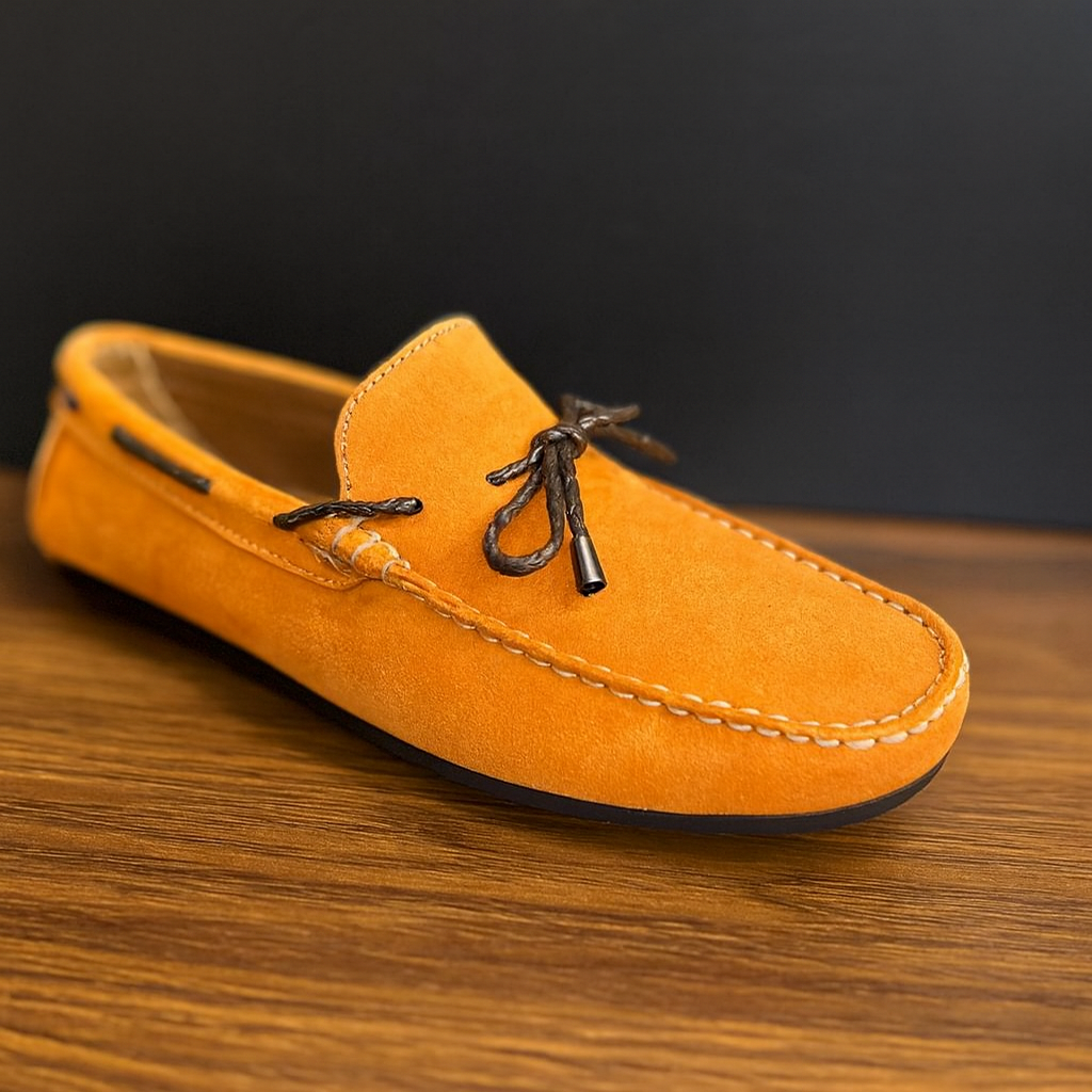 "Vibrant Orange Suede Driving Loafers – Casual Elegance"