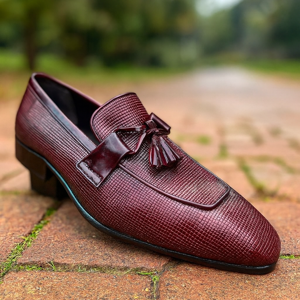 "Luxury Burgundy Textured Leather Tassel Loafers – Classic Elegance"