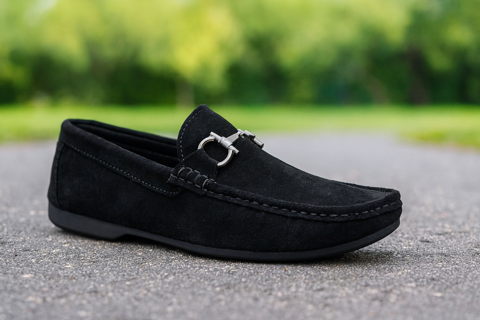 "Classic Black Suede Loafers with Silver Buckle – Modern Elegance"