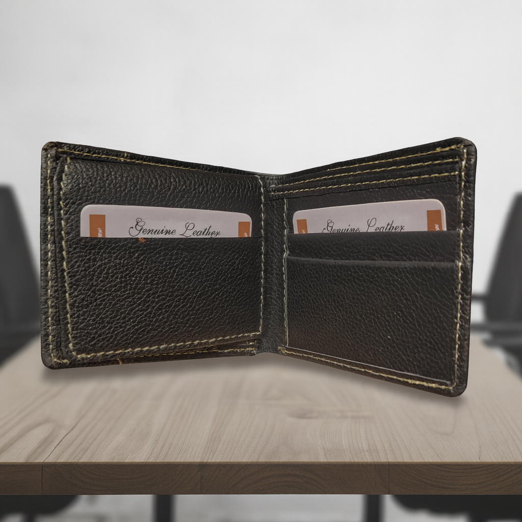 Men’s Genuine Leather Bi-Fold Wallet – Classic Black