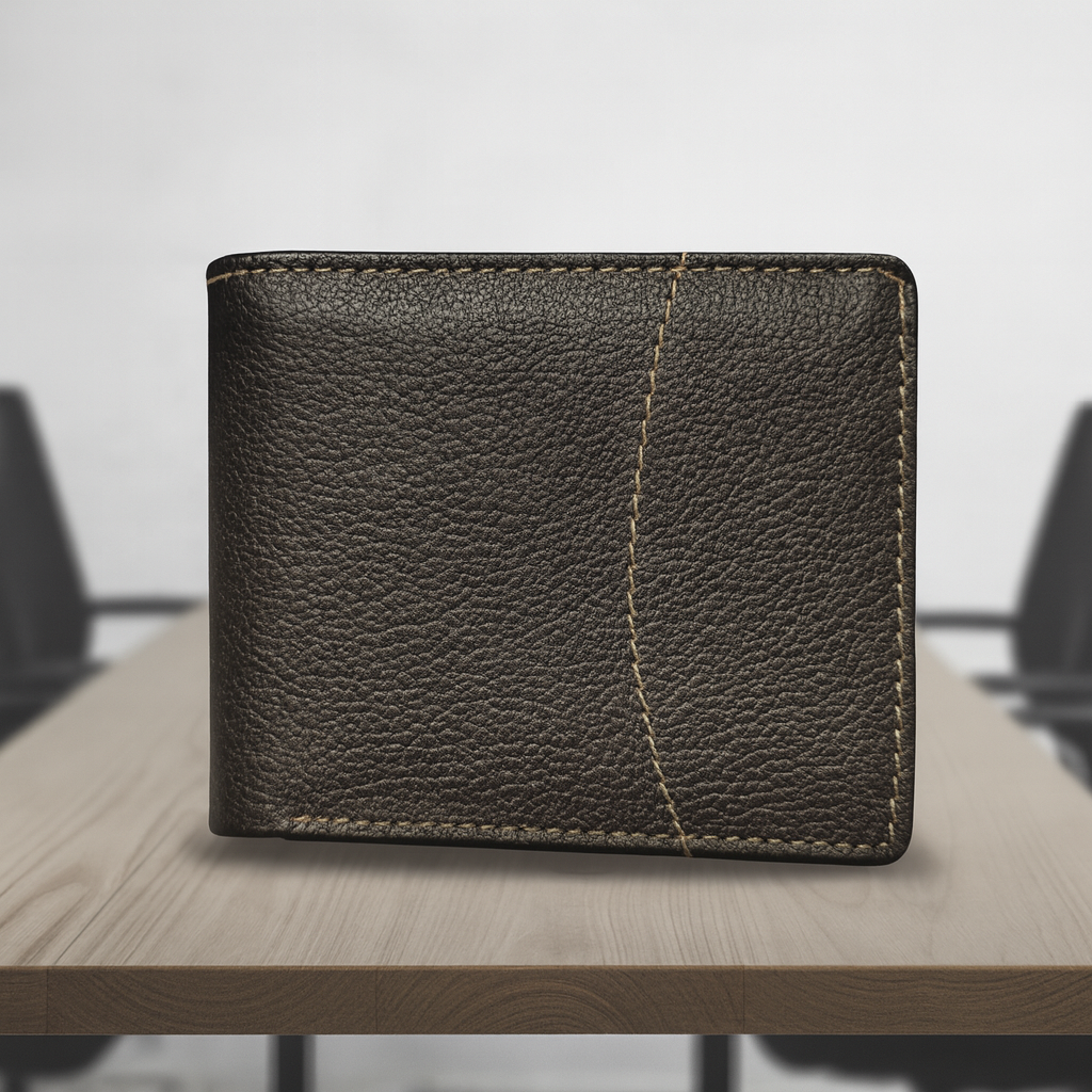 Men’s Genuine Leather Bi-Fold Wallet – Classic Black
