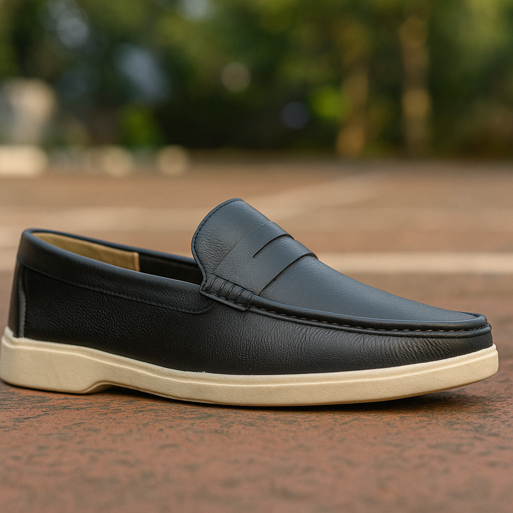 "Classic Black Leather Casual Loafers with White Sole"