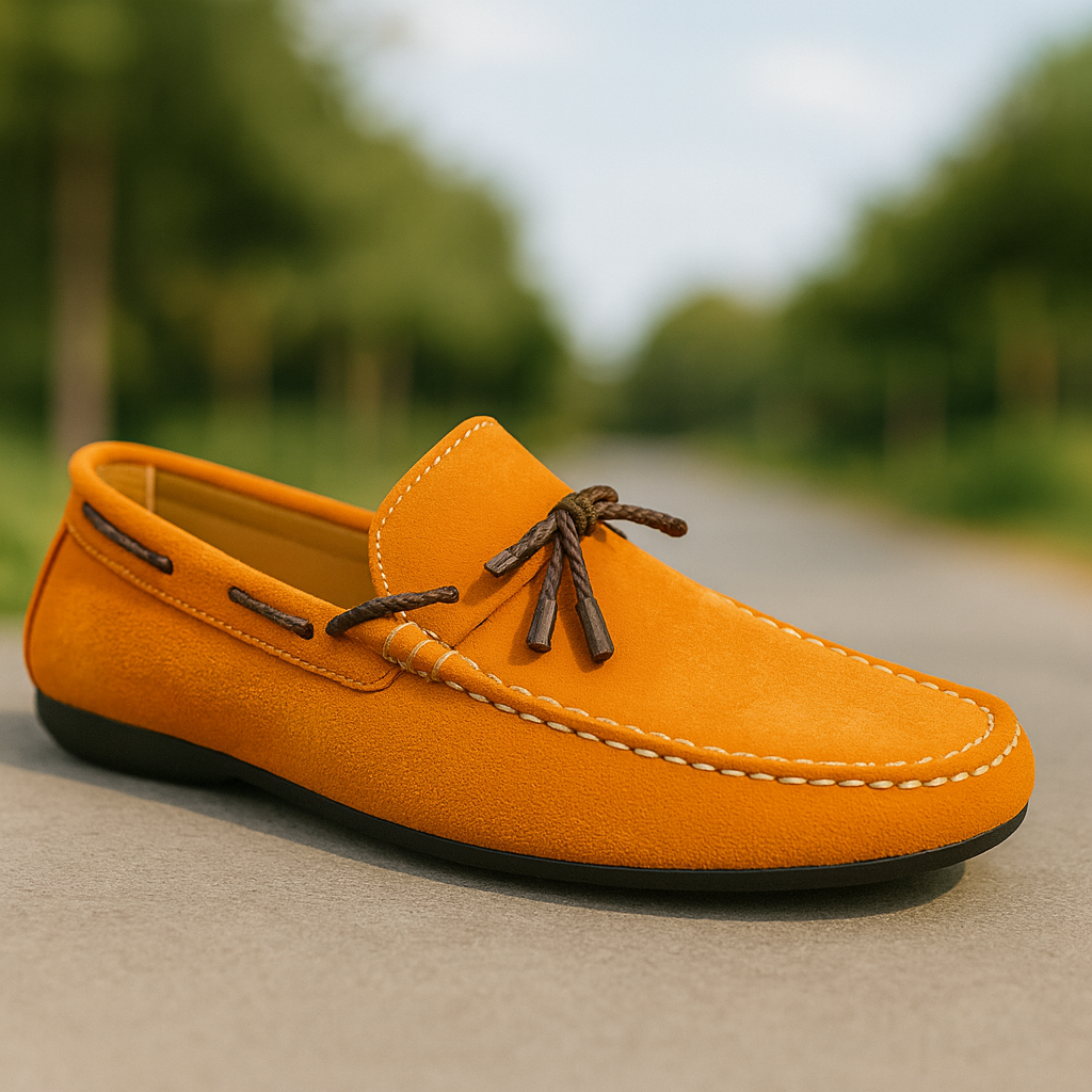 "Vibrant Orange Suede Driving Loafers – Casual Elegance"