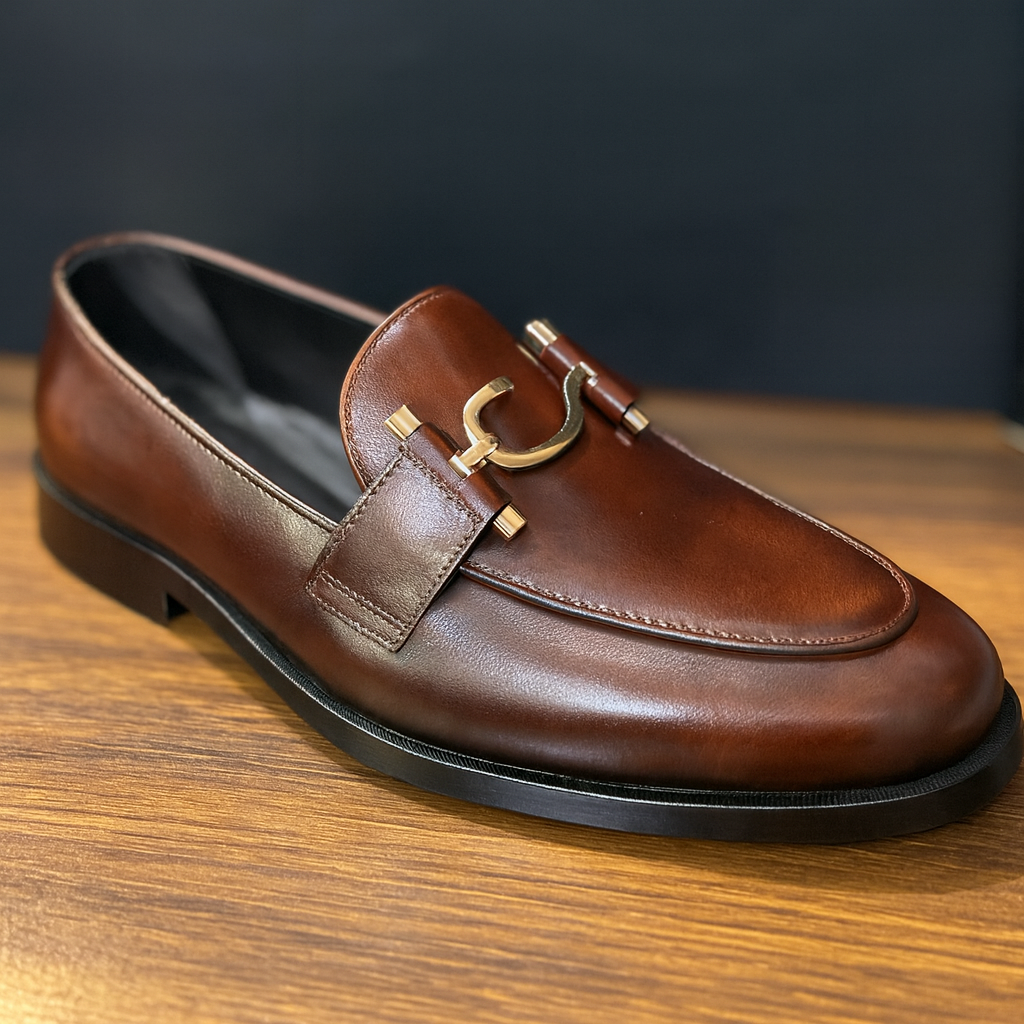 "Luxury Brown Leather Loafers with Gold Horsebit Buckle"