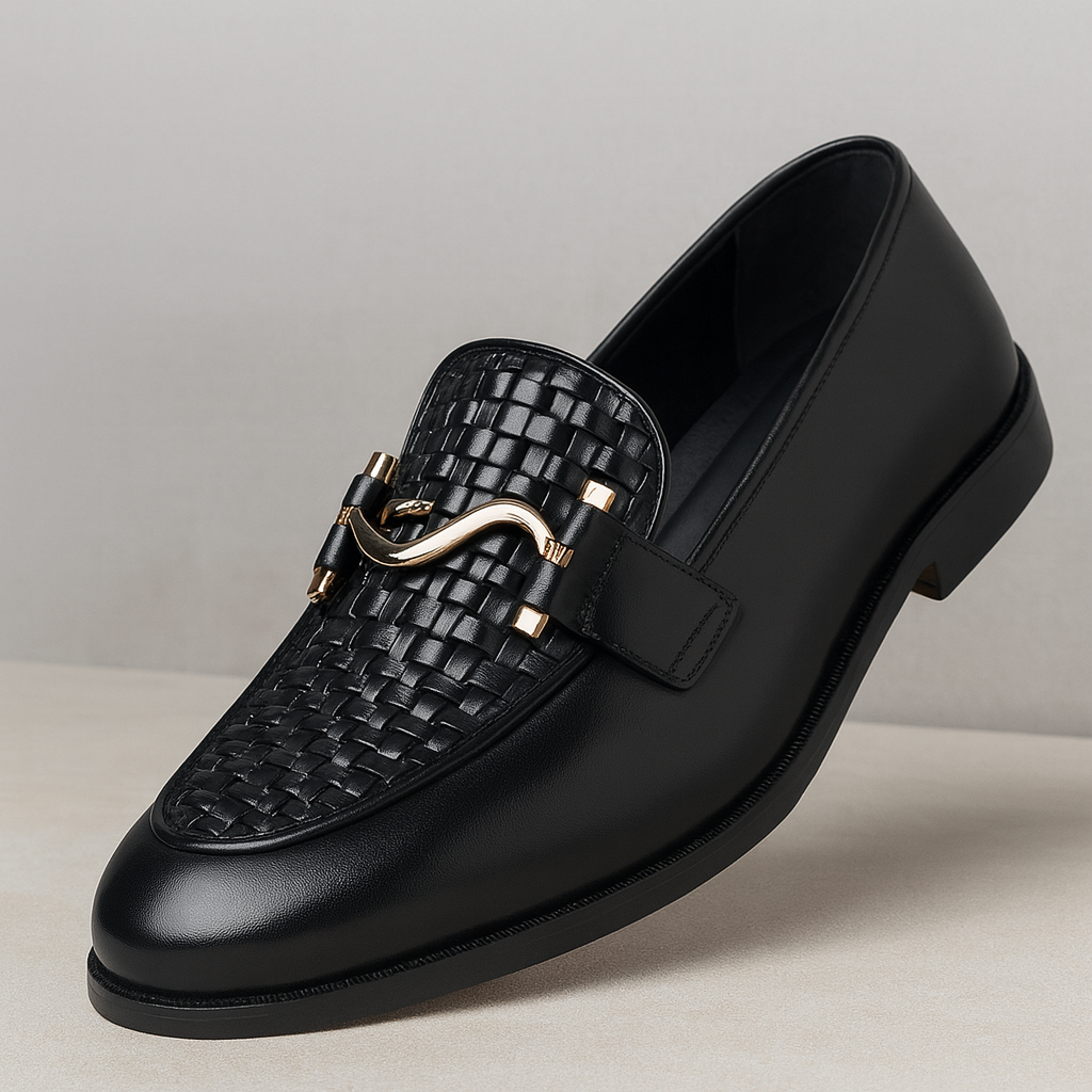 "Luxury Black Woven Leather Loafers with Gold Buckle – Modern Elegance"