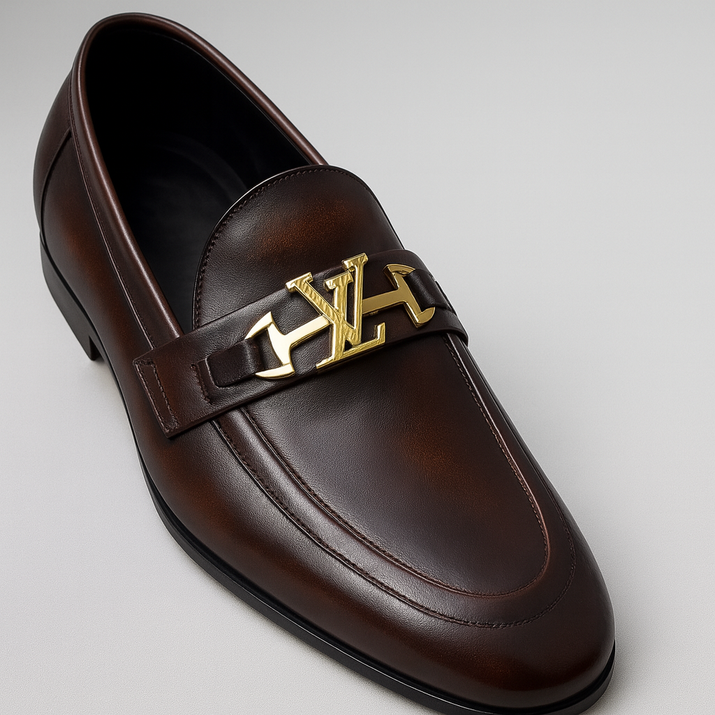 "Luxury Brown Leather Loafers with Gold Emblem – Signature Style"