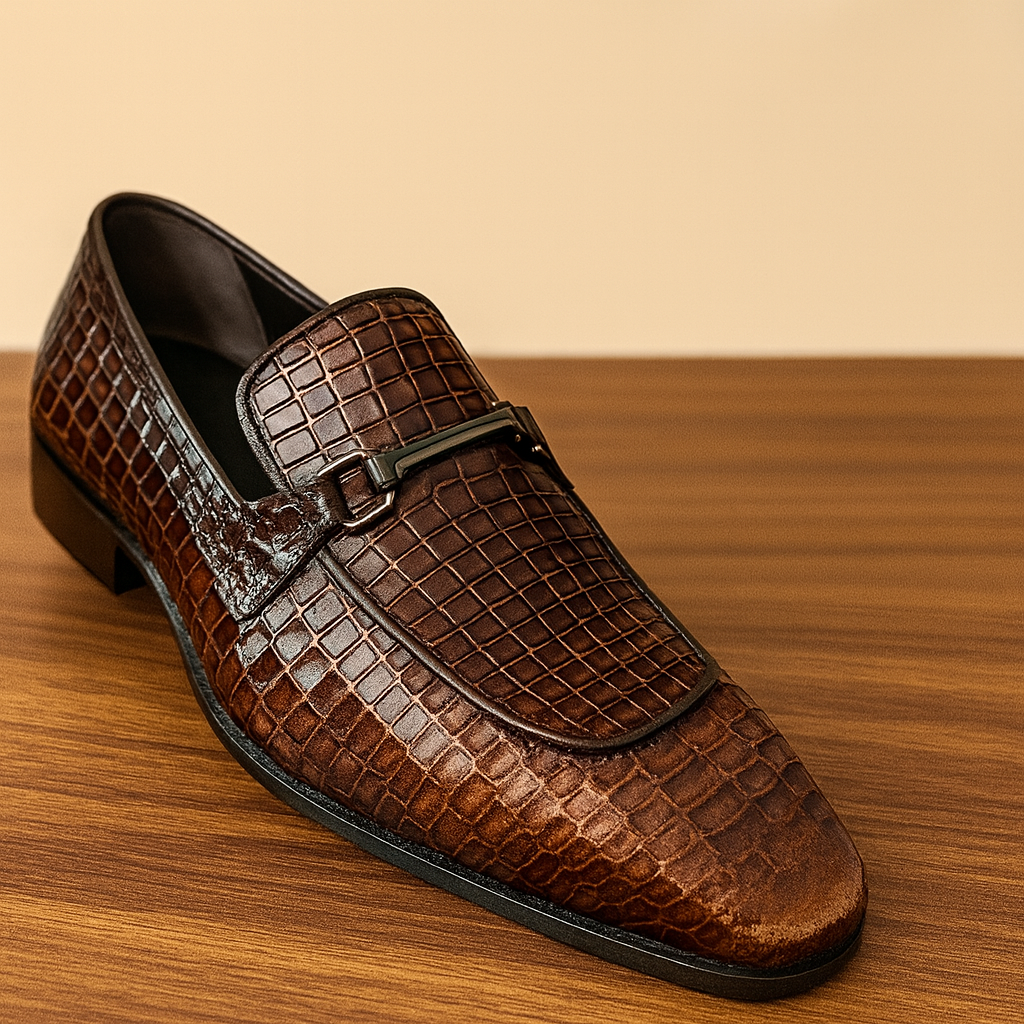 "Premium Crocodile-Pattern Leather Loafers – Deep Brown"