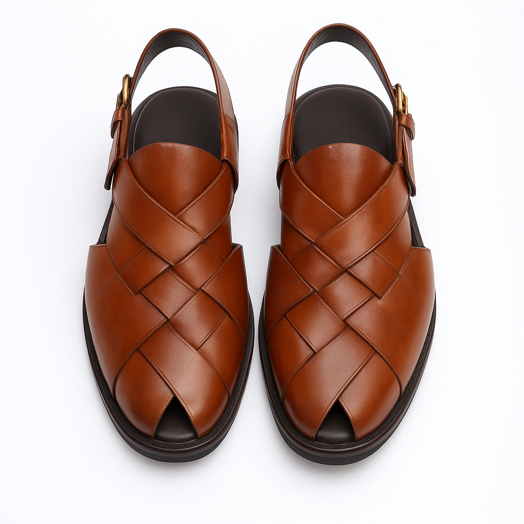 A pair of handmade brown leather Peshawari sandals with a woven crisscross front design.