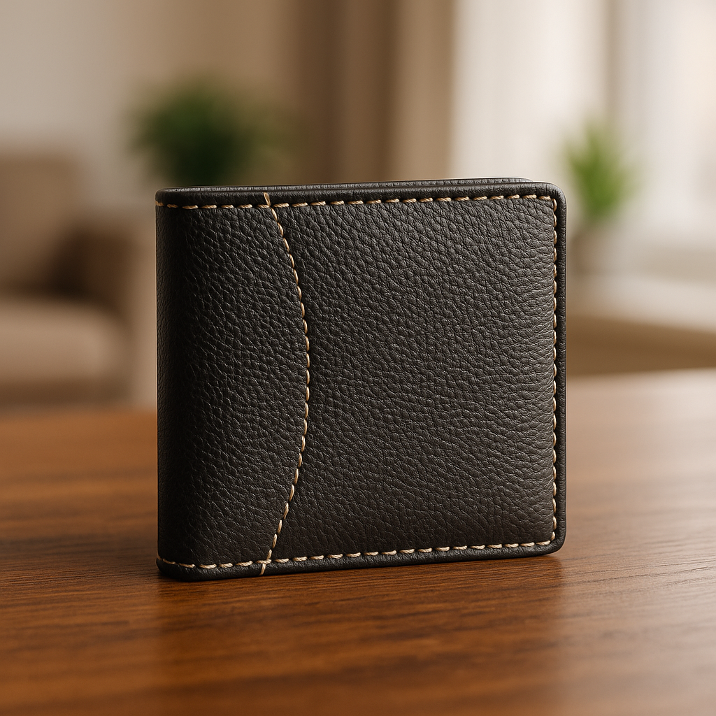 Men’s Genuine Leather Bi-Fold Wallet – Classic Black