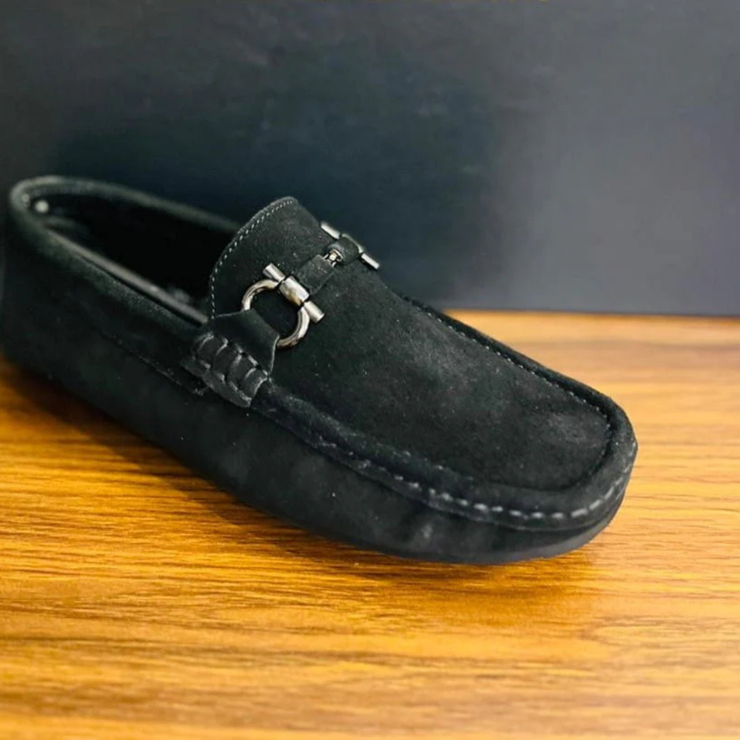 "Classic Black Suede Loafers with Silver Buckle – Modern Elegance"