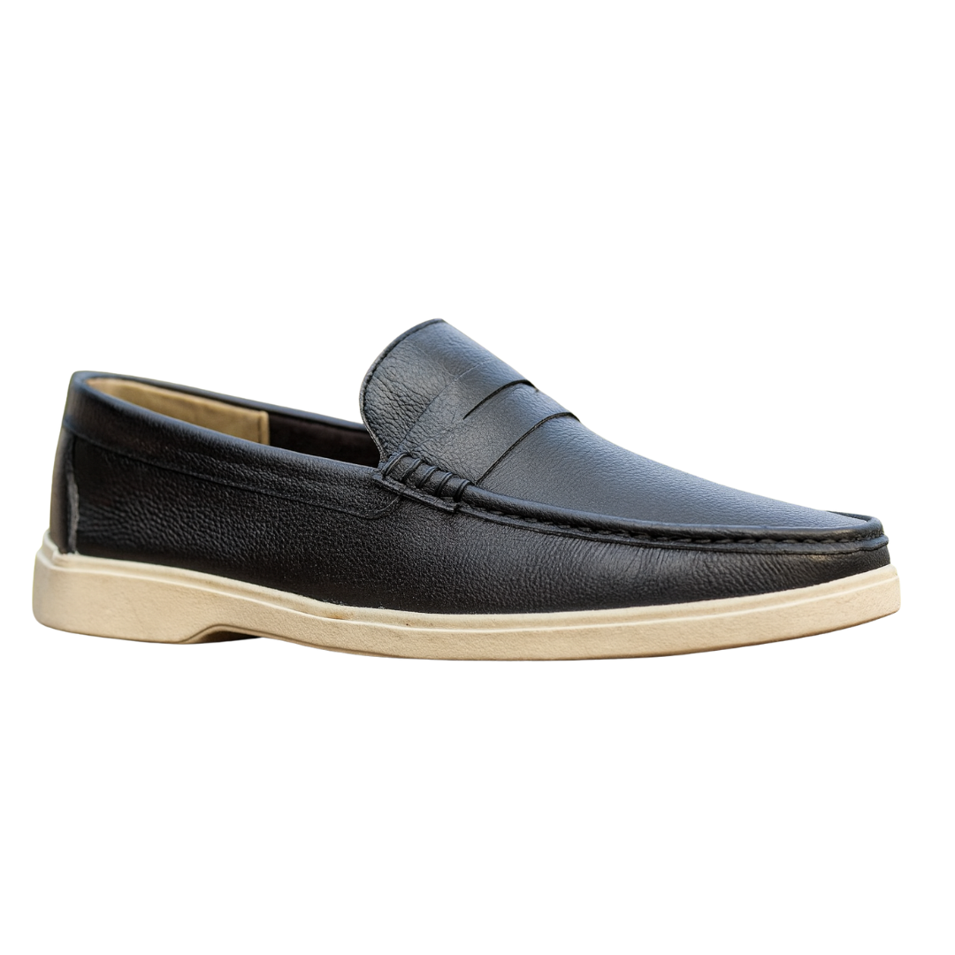 "Classic Black Leather Casual Loafers with White Sole"