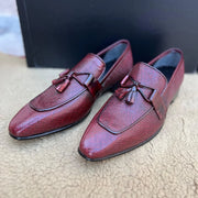 Maroon Textured Leather Tassel Loafers