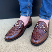 Premium Brown Woven Leather Loafers for Men