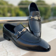 Black Leather Loafers with Gold Metal Bit