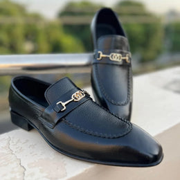 Black Leather Loafers with Gold Metal Bit