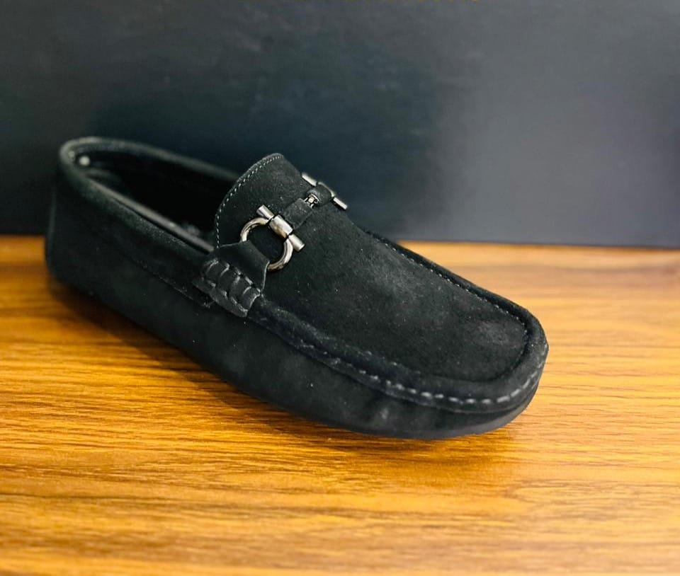 "Classic Black Suede Loafers with Silver Buckle – Modern Elegance"