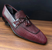 Maroon Textured Leather Tassel Loafers