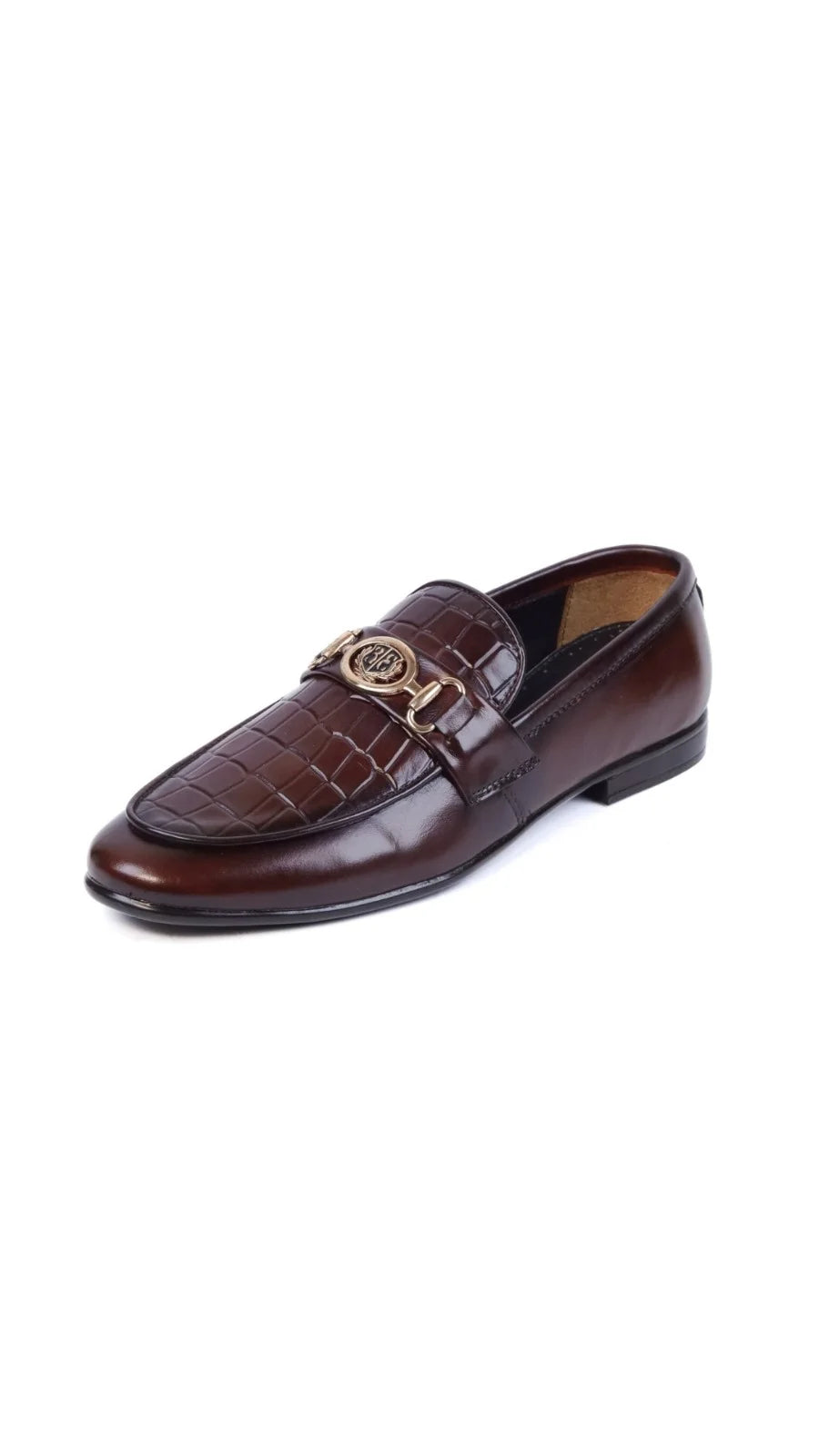 Brown Crocodile-Texture Leather Loafers 